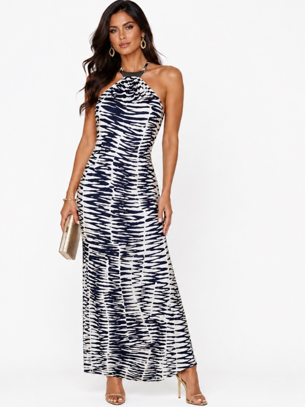 Trina Turk Blue & White Zebra Print Mobwife Boho Halter Neck Maxi Dress Size 8